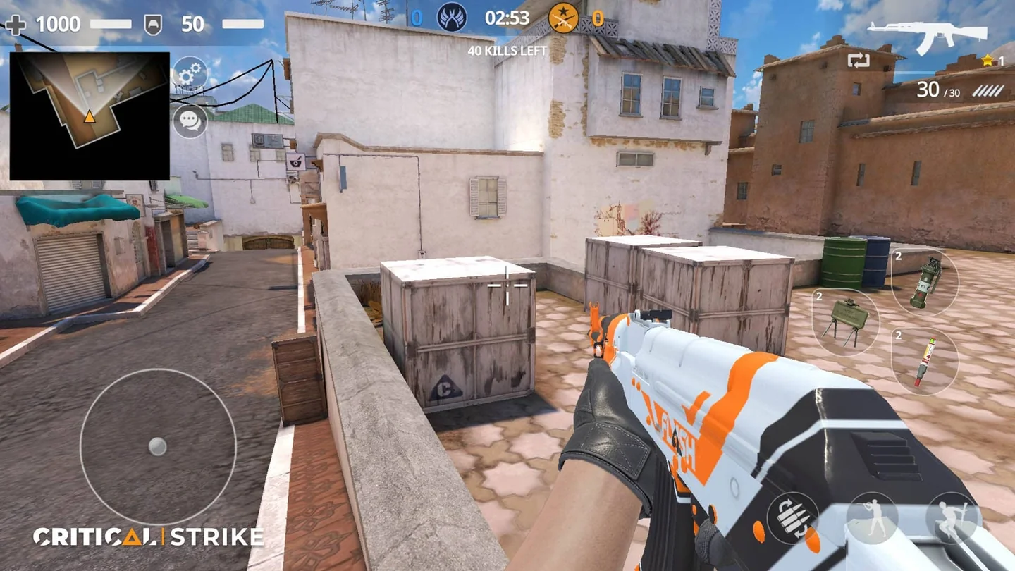First-person gameplay in Critical Strike CS on a sunlit urban map