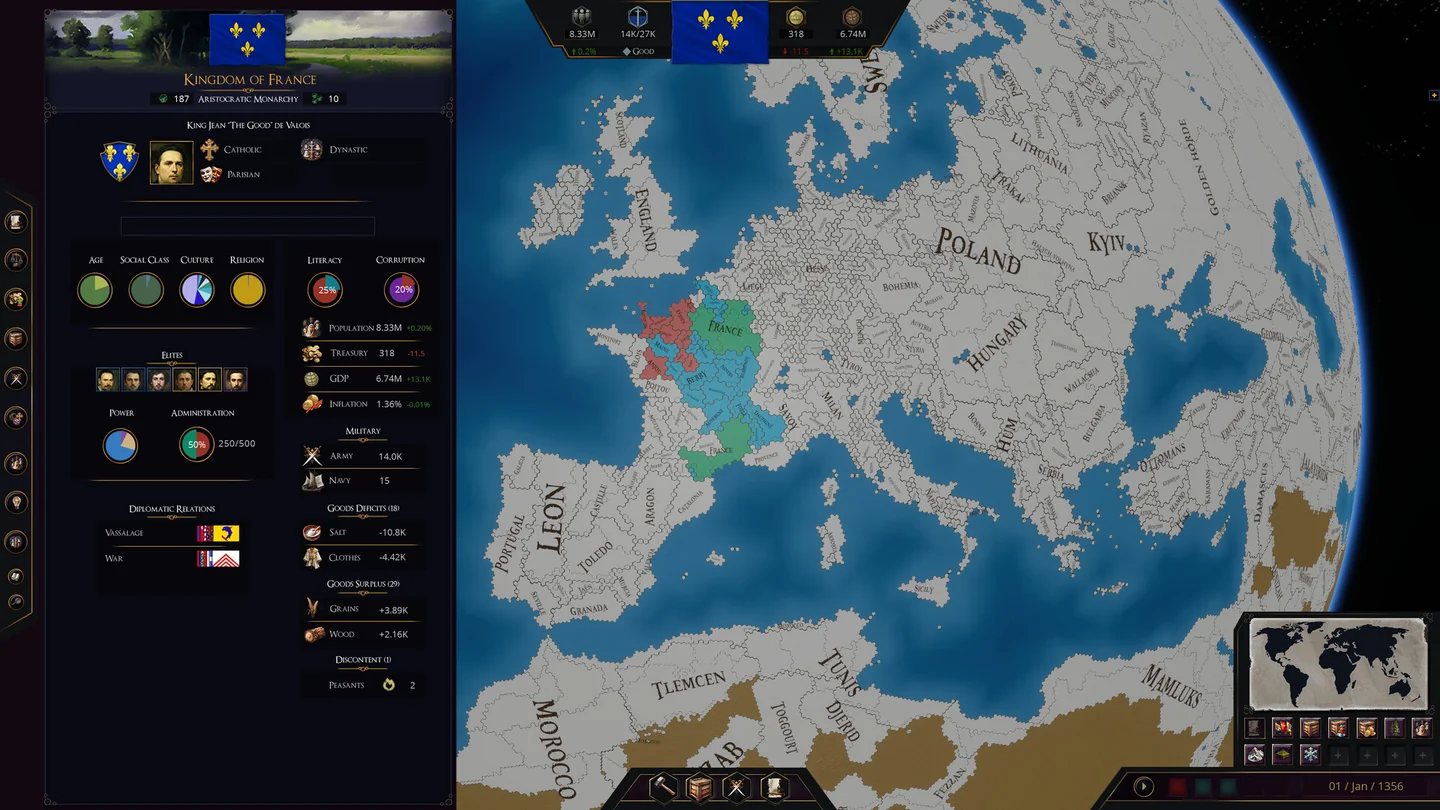 Grey Eminence globe showing the simulation map and economy interface