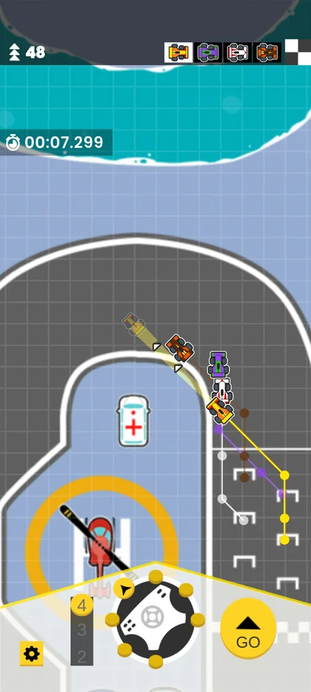 GPixel's turn-based racing interface with a coastal track drawn on squared paper