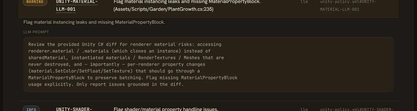 Expanded Unity material review rule with its scoped LLM prompt