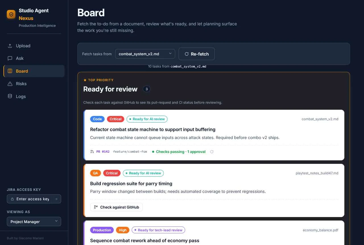 Studio Agent Nexus board with tasks extracted from production documents