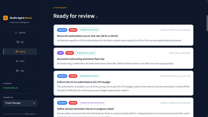 Studio Agent Nexus review board showing prioritized tasks and their source documents